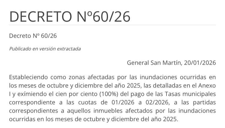Municipalidad de General San Martín exonera del 100% las tasas municipales a damnificados por inundaciones